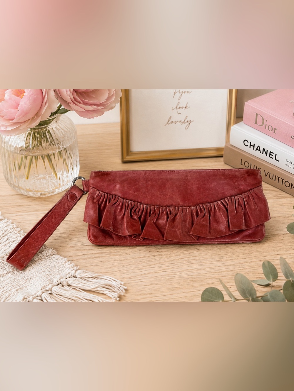 HOBO International Red Leather Ruffle Wristlet Clutch